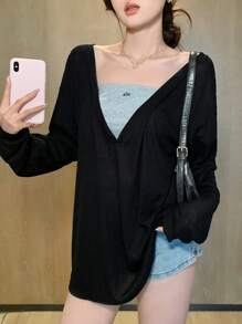 DAZY 女士休闲宽松简约深V领长袖长T恤，夏季 - 黑色 - 查看 2