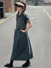 DAZY Teen Girl Denim Dress With Pockets And Buttons, Casual Short Sleeve, Spring & Summer