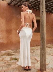 Swim Chiccia Damski top bikini z wiązaniem na szyi, trójkątne majtki i przezroczysta spódnica, zestaw 3 szt. - Biały - Zobacz 2