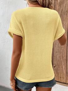 SHEIN LUNE 女式圆领超大蕾丝拼布纹理华夫格面料休闲度假 T 恤，夏季