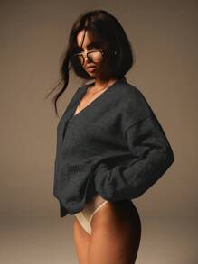 Athîral Women's Solid Color Front Button Long Sleeve Pocket Casual Cardigan For Everyday Wear , Autumn , Winter, Old Money Style, Modest, Airport For Women, Comfort - Black - View 4