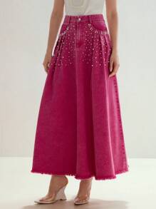 MOTF STUDIO SPÓDNICA DŻINSOWA Z KIESZENIAMI I SZTUCZNYMI PERŁAMI - Różowy - Zobacz 1