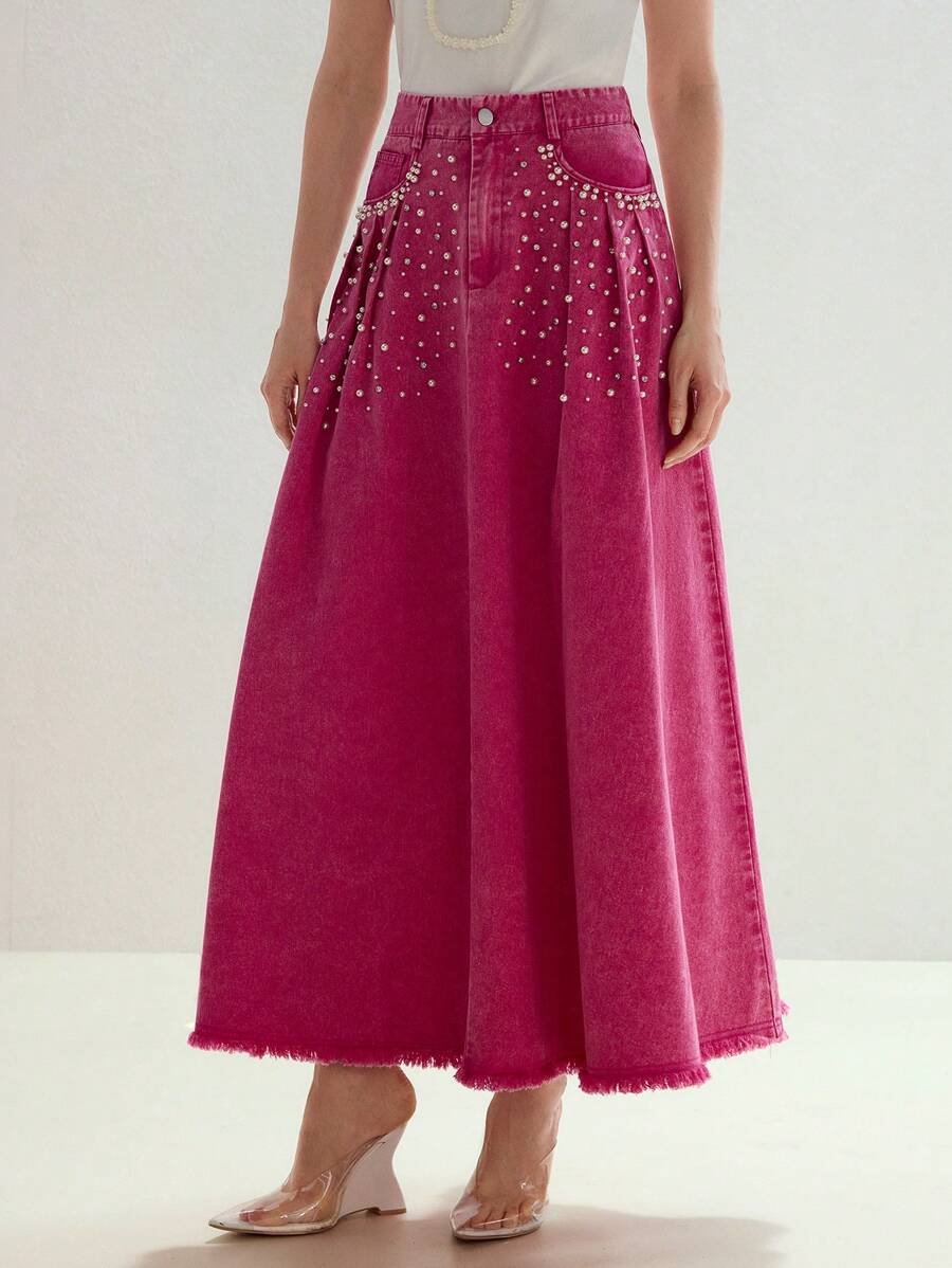 MOTF STUDIO SPÓDNICA DŻINSOWA Z KIESZENIAMI I SZTUCZNYMI PERŁAMI - Różowy - Zobacz 1