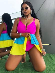 Slaydiva Women Plus Size 2 Pieces Bikini Set, Solid Color Patchwork Swimdress, Summer Holiday - Multicolor - View 1