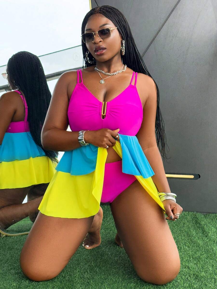 Slaydiva Women Plus Size 2 Pieces Bikini Set, Solid Color Patchwork Swimdress, Summer Holiday - Multicolor - View 1