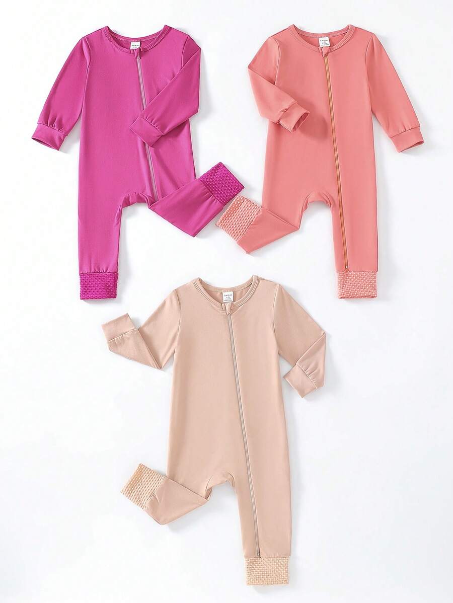 Bộ 3 món/Bộ đồ liền thân dài tay họa tiết vải vá màu hồng đơn giản cho bé gái - Nhiều màu - Xem 1