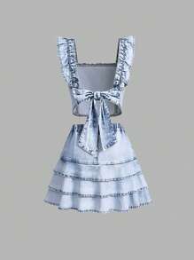 Tween Girls2Pcs Summer Set: Sweet Fashion Denim Camisole With Bow Design And Bow Ruffle Hem A-Line Denim Skirt - Light Wash - View 4