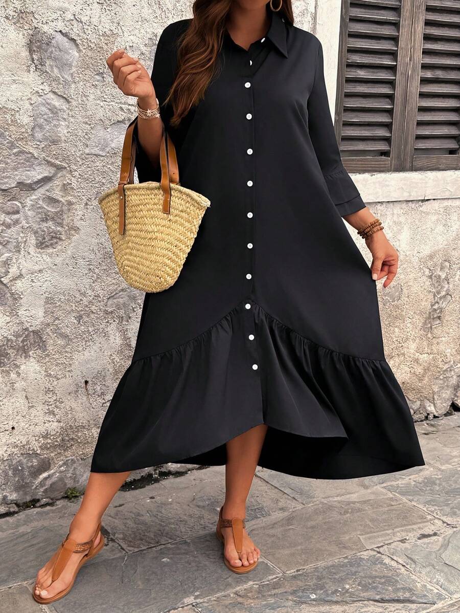 EMERY ROSE Plus Size Women Summer Solid Color Shirt Collar Double Ruffle Hem Short Sleeve Casual Long Dress With Button