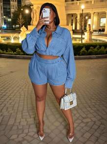 Slaydiva 大码女式浅蓝色牛仔短款上衣，弹性后背，性感长袖牛仔衬衫