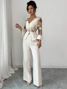 SHEIN Raffinéa 2pcs Women's Elegant Apricot Mesh Embroidered Patchwork Mid-Sleeve Set Elegant 2 Pieces Set - Apricot - View 4