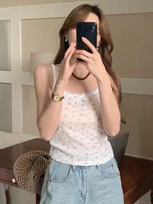 DAZY Women's Lace Camisole Top With Tiny Ditsy Floral Mesh Panel, Revealing - Multicolor - View 8