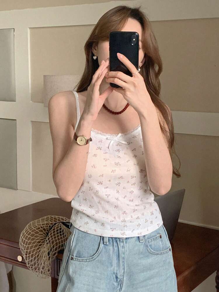 Women's Lace Camisole Top With Tiny Ditsy Floral Mesh Panel, Revealing