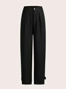 Modelyn Women's Elegant Black Woven Fabric Long Pants With Zipper Detail And Buttoned Cuffs - Black - View 1