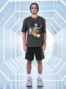 Rick and Morty X SHEIN Men's Cartoon Pattern Round Neck Short Sleeve T-Shirt And Shorts Set - Dark Grey - View 4