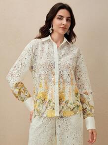 Anewsta Women Floral Print Lace Hollow Blouse And Long Pants Set, Elegant 2 Pieces Outfit