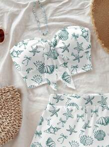 Soleia 女士休闲假日蝴蝶结前短款上衣和紧身短裤套装，适合夏季和度假，海洋动物印花，贝壳印花，复古风格，休闲假日风格，性感风格，可爱，Y2K 椰子女孩，波西米亚风，音乐节，适合夏季 - 白色 - 查看 4