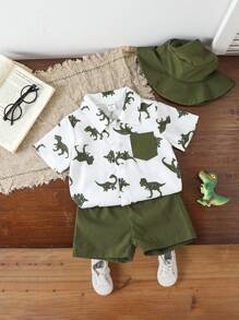 SHEIN Playful Pals 2 件套男婴夏季短袖 Polo 领恐龙印花上衣和纯绿色抽绳短裤，带帽子，可爱的恐龙印花增添俏皮感，适合日常穿着、户外玩耍、学校、度假，风格优雅，适合家庭休闲、运动和派对 - 彩色 - 查看 4