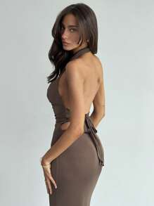 Aloruh Women's Solid Color Metal Decor Backless Sleeveless Dress Summer Summer Outfits Summer Clothes Beach Outfits For Woman  Beach Vacation Vacation Outfits Woman Boho  Tropical Vacation Woman Clothe Tea Party Dress Coffee-Colored Backless Strappy Long Dress, Front Center Sway Collar, Snake Ring Metal Splicing, Sexy Wild Holiday Date, Romantic Wild,Bodycon Dress