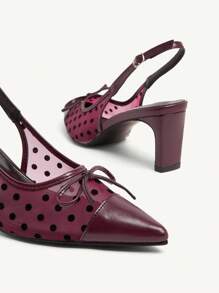 CUCCOO CHICEST Vintage Polka Dot Mesh Bowknot Toe Patchwork Pointed Toe Low Heel Mid Heel Cute Romantic Retro Elegant Wine Red Mesh PU Leather Women Pumps, Suitable For Date, Afternoon Tea, Commute, Romantic Garden - Burgundy - View 13