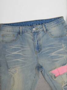 Manfinity LEGND Men's Distressed Color Block Skinny Denim Jeans With Pockets, Summer - Light Wash - View 4