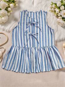 INAWLY Women's Casual Striped Sleeveless Peplum Top & Wide Leg Pants 2 Pieces Set, Summer - Blue - View 6