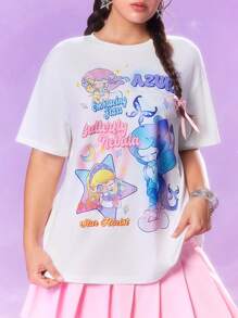 Pop Mart Azura X SHEIN 大码卡通字母图案白色圆领短袖T恤 - 白色 - 查看 1