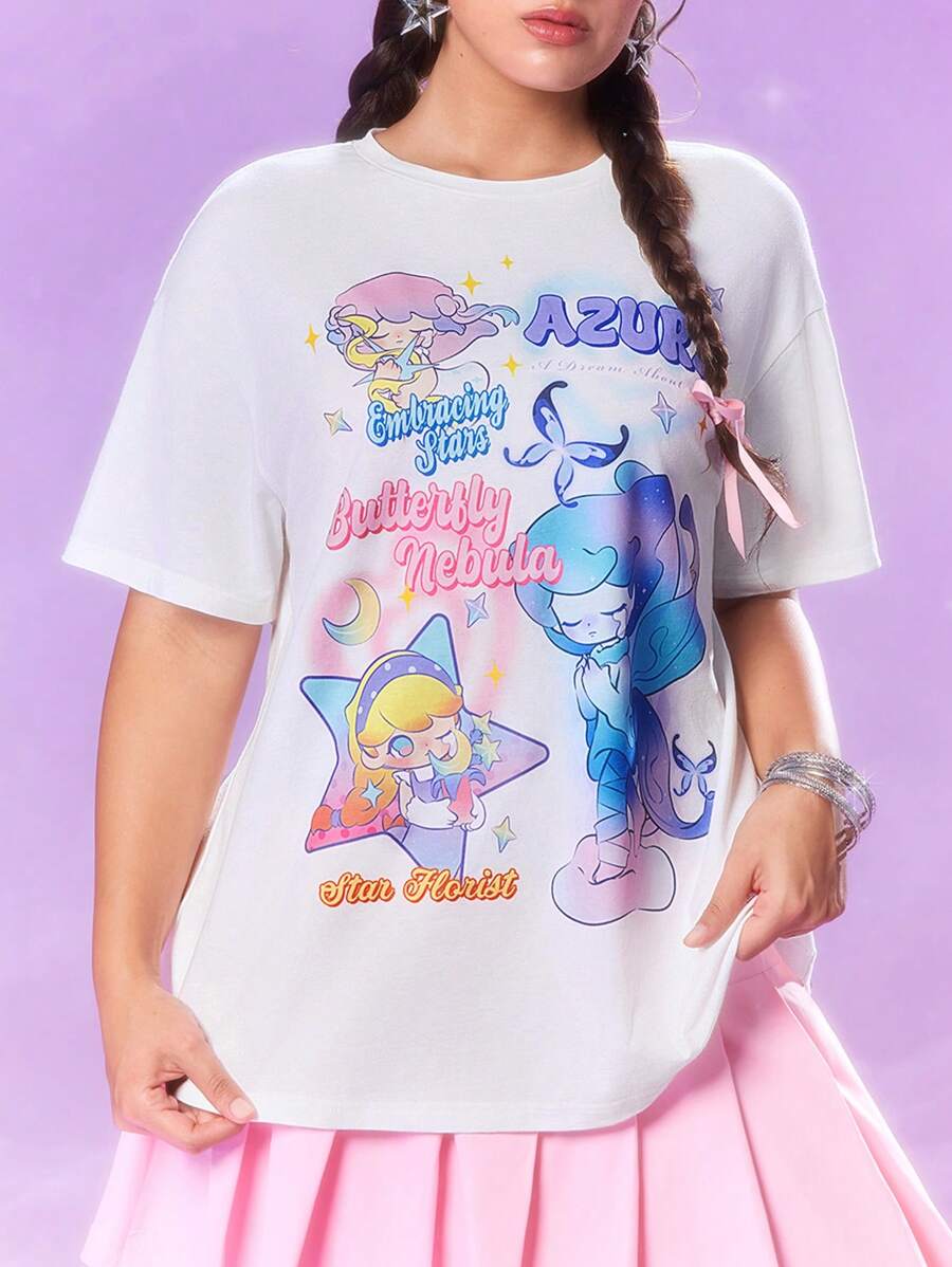 Pop Mart Azura X SHEIN 大码卡通字母图案白色圆领短袖T恤 - 白色 - 查看 1