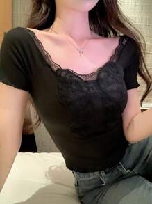 DAZY Camiseta casual de manga corta con lazo para mujeres/adolescentes - Negro - Ver 5