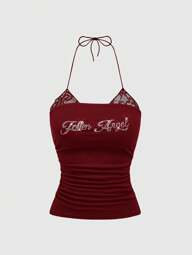 ROMWE Women's Rhinestones Decorated 2 In 1 Lace Trim Halter Tank Top