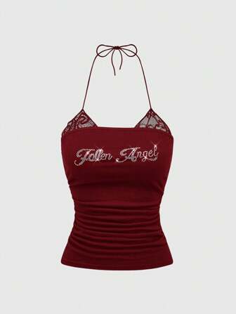 Women's Rhinestones Decorated 2 In 1 Lace Trim Halter Tank Top
