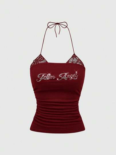 ROMWE Women's Rhinestones Decorated 2 In 1 Lace Trim Halter Tank Top