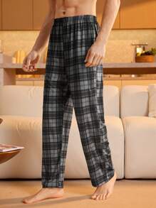 SHEIN 男士格子松紧腰宽松直筒休闲裤睡衣，秋冬款
