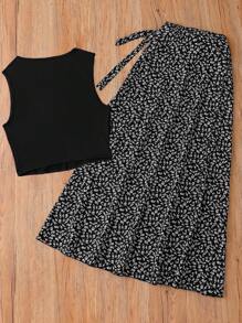 SHEIN Unity Setelan 2 Potong Musim Semi/Panas Terbaru Motif Vintage Elegan Prancis, Atasan Crop Warna Polos yang Menonjolkan Pinggang dan Rok Midi Model A-Line, Nuansa Seksi - Hitam - View 2