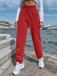 EURMUSE Women's Casual Loose Solid Color Drawstring Pocket Sweatpants - Red - View 4