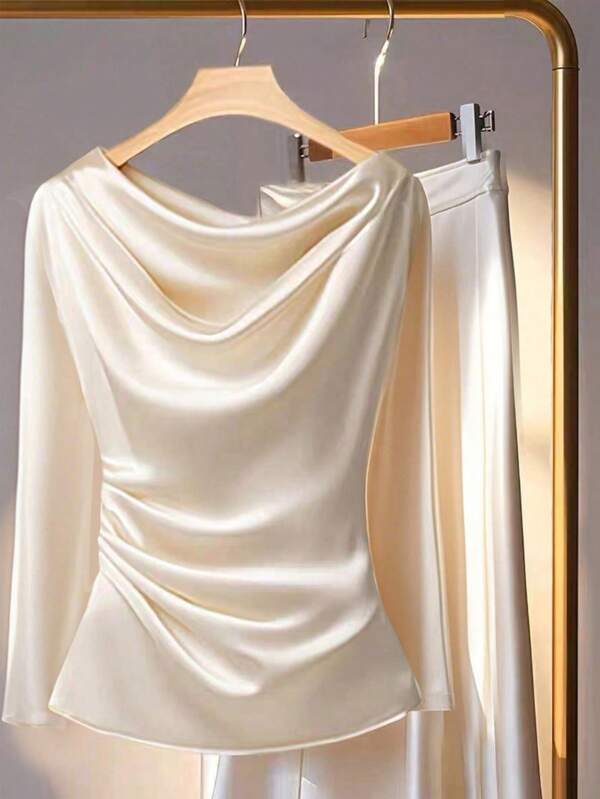 Franclia Elegante Damen-Satinbluse mit langen Ärmeln