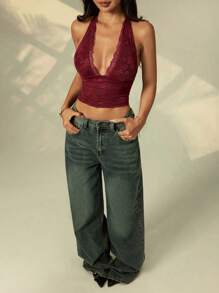 SHEIN PETITE Women Floral Lace V-Neck Cropped Cami, Sexy Fitted