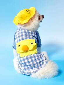 PETSIN Cute Camping Style Blue Plaid Duck Design + Hat Pet Dog Backpack, Toddler Cartoon Duckling Outfit Set, Spring/Summer/Autumn