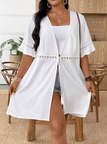 EMERY ROSE Plus Size Women Solid Bell Sleeve Long Lightweight Vacation Tassel Jacket - White - View 4
