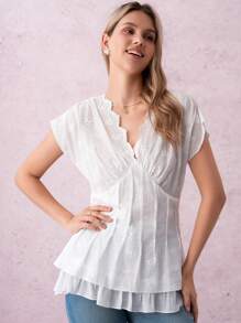 SHEIN Clasi 女士刺绣、提花和印花V领泡泡袖衬衫，2025年夏季新品 - 杏色 - 查看 3