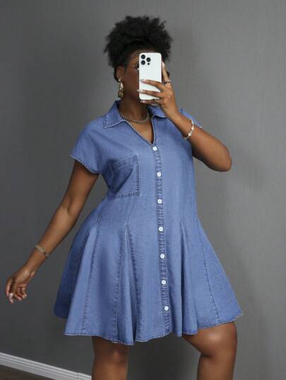 Slaydiva 大码女式夏季马球领蝙蝠袖短袖单排扣休闲牛仔连衣裙