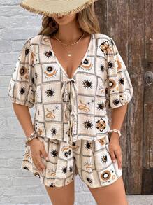 SHEIN VCAY Plus Size Women's Checkered & Retro Print Shorts Set, Tie Front Bow Blouse And Shorts Comfy 2 Pieces Outfit, Summer Vacation Outfits Woman  Vacay Outfits Women Beach Outfits For Women Holiday Outfits  Summer Outfits City Break Outfits Boho Chic Boho Style European Summer Island Vacation Outfits Honeymoon Outfits  Birthday Outfits For Women Old Money Mujer Miami Outfits  Saint-Tropez Outfits Tulum Outfits  South Beach Outfits Santorini Greece Outfits Amalfi Coast Outfits   Ibiza Outfits  Island Girl Plus Brunch Outfits Airport Outfit Club Outfits Women Teacher Outfits For Women Western Clothes For Women Western Wear Women Plus
