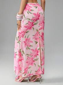 ROMWE Avant Falda floral de cintura baja estilo Y2K, falda de gasa de cola de pez para vacaciones y resorts de playa para mujeres - Rosa - Ver 3