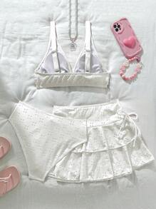 Swim Mod Women's Summer Beach 3pcs Set: Cute Solid Color Knitted Jacquard Fabric Top With Criss-Cross Bust & Double Layer Cake-Style Mini Skirt With Bow Side, Swimsuit