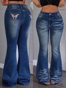 SHEIN ICON Mid-Waist Butterfly Embroidered Elastic Washed Flare Jeans - Medium Wash - View 1