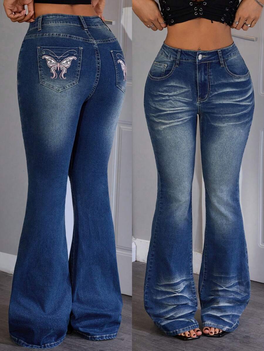 SHEIN ICON Mid-Waist Butterfly Embroidered Elastic Washed Flare Jeans - Medium Wash - View 1