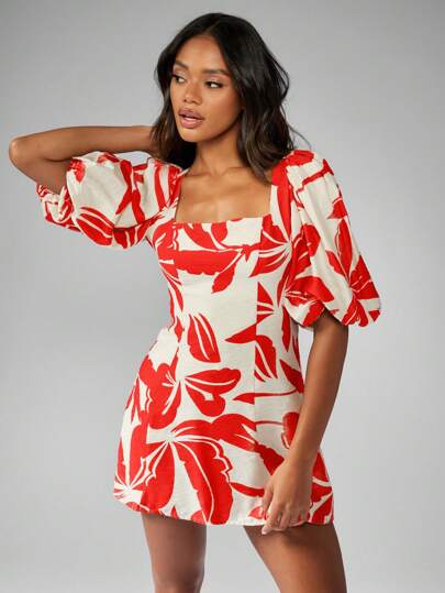 MISSGUIDED 花卉亚麻质感迷你连衣裙方领泡泡袖A字裙夏季春季花园派对度假装