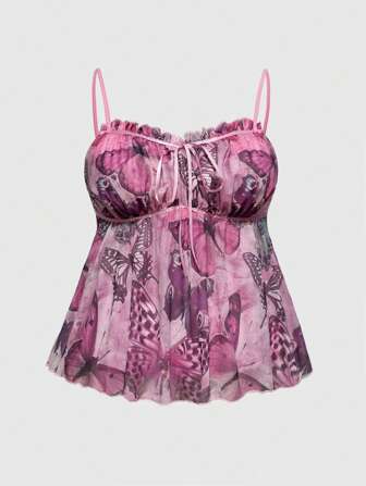 Fairycore Camiseta sin mangas con estampado de mariposas, dobladillo con volantes y nudo para mujeres de talla grande