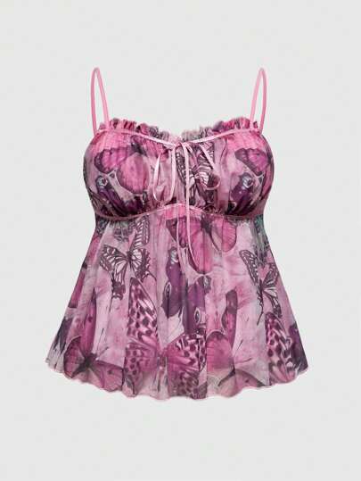 Fairycore Plus Size Women Butterfly Print Knotted Ruffle Hem Camisole Top
