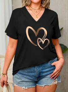 EMERY ROSE Áo thun họa tiết trái tim cổ chữ V mùa hè cỡ lớn cho nữ Áo thun họa tiết cho nữ - màu đen - Xem 1