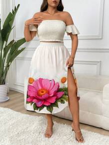 Flirla 2pcs Plus Size Vacation Floral Print Solid Color Tube Top And Skirt Set - Apricot - View 3
